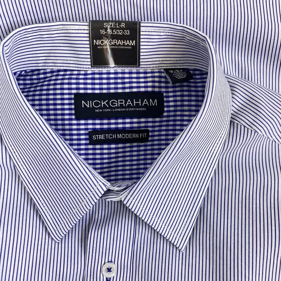 Nick Graham Stretch Modern Fit Blue Stripe Button Up Shirt Sz L Dressy Corpcore - Picture 1 of 8